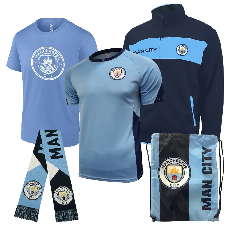 2024 Icon Sports Officially Licensed Manchester City Ultimate Fan Pack - Soccer Bag, Scarf, Jacket & Shirts Value Set