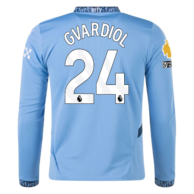 Puma Manchester City Joško Gvardiol Home Long Sleeve Jersey w/ EPL + No Room For Racism Patch 24/25 (Team Light/Marine Blue)